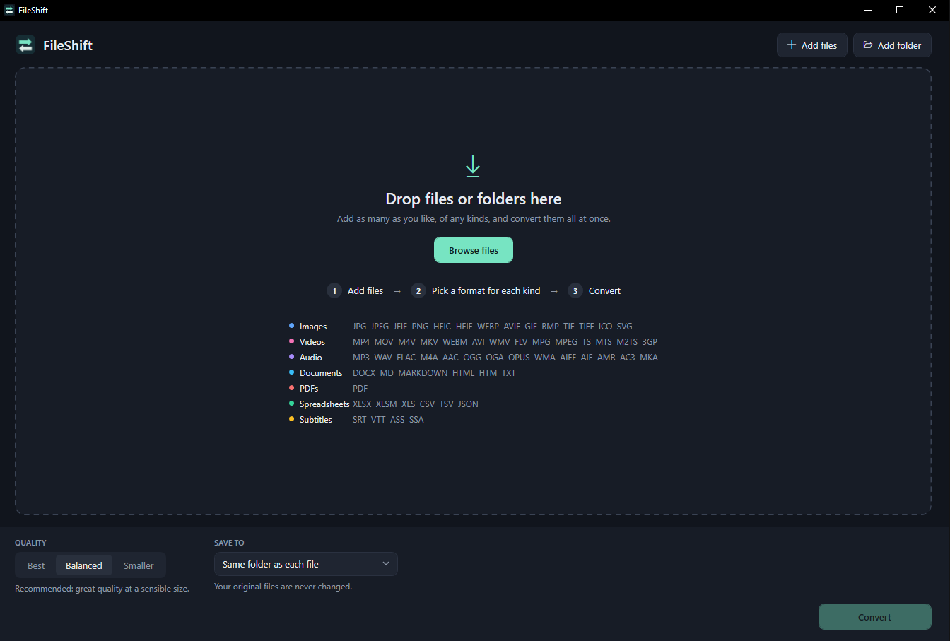 FileShift: Add files or folders and convert mixed file types