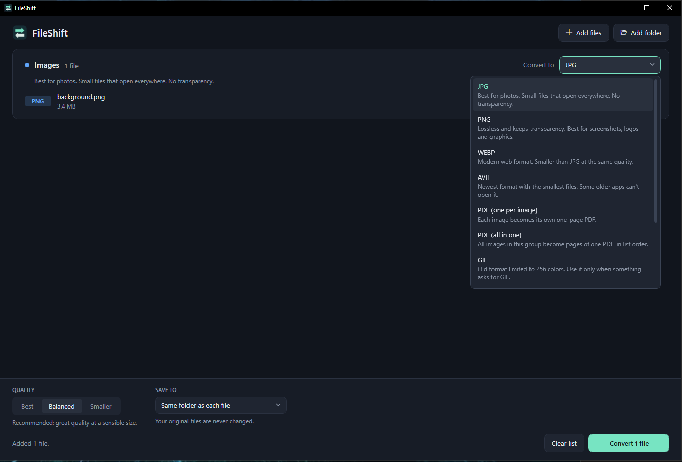 FileShift: Choose an output format with plain-English guidance