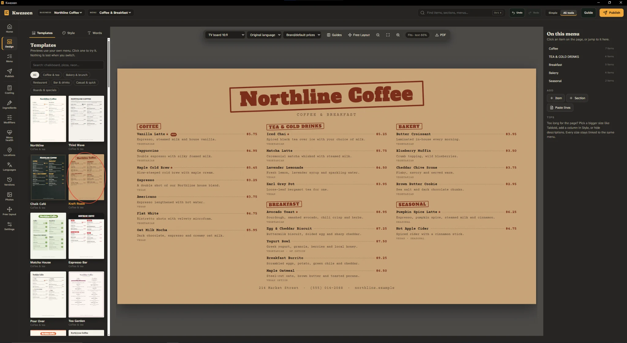 Kwezeen: Template-driven menu design