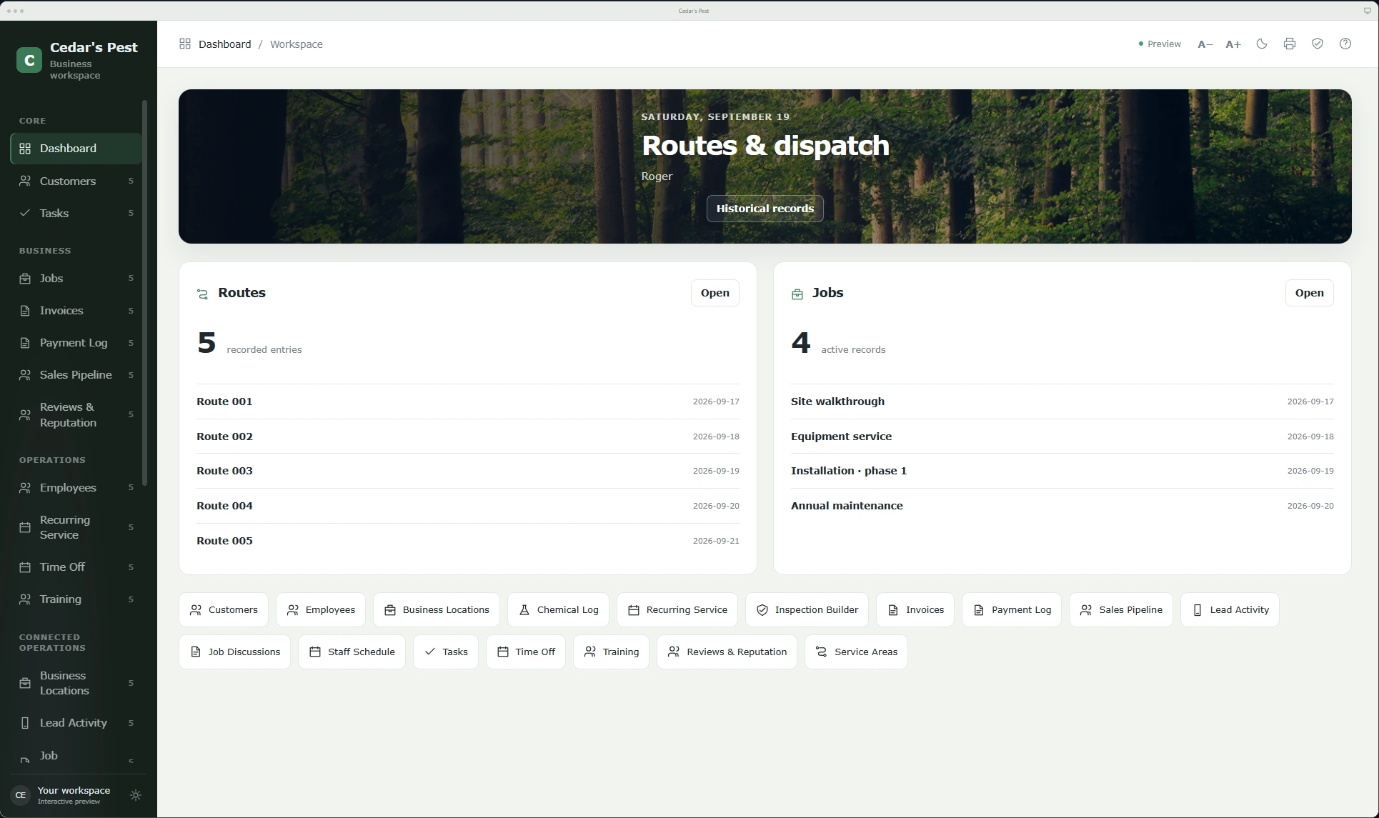 Cedar’s Pest routes and dispatch workspace
